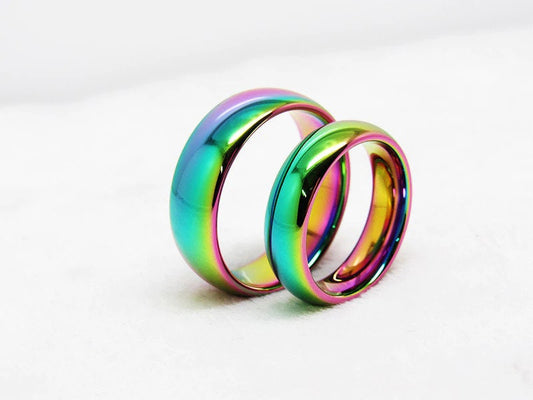 Iridescent Tungsten rainbow rings set, featuring vibrant colors.