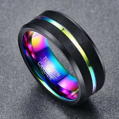 Rainbow wedding band with polished interior and brushed black Tungsten exterior.