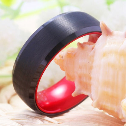 Red and black mens wedding ring crafted from Tungsten, with a comfort fit band.