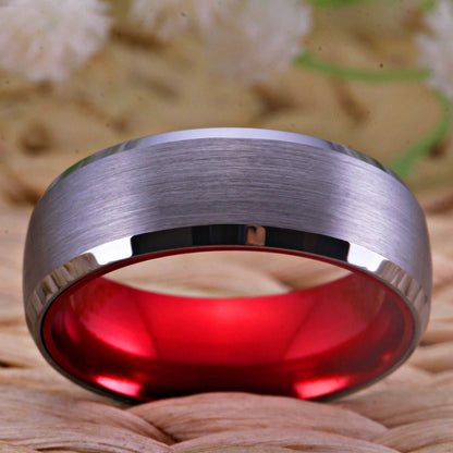 Red wedding rings for men with a silver Tungsten exterior and vibrant red interior.