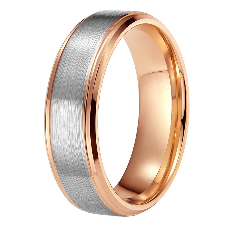 Rose gold and silver wedding rings crafted in Tungsten with polished rose gold edges.