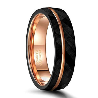 Rose gold black Tungsten band with a faceted exterior and comfort fit.