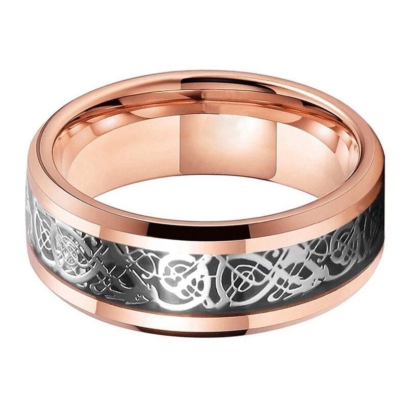 Rose gold dragon ring with a Celtic dragon design in an 8mm Tungsten band.