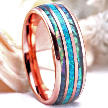 8mm rose gold Tungsten men's wedding ring with blue opal and abalone shell inlay