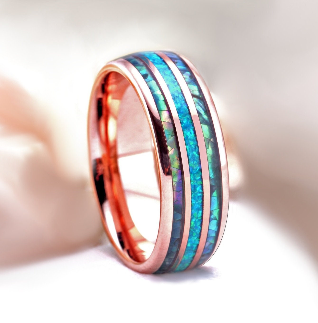 8mm men's rose gold Tungsten wedding band with blue opal center and abalone shell sides ​​