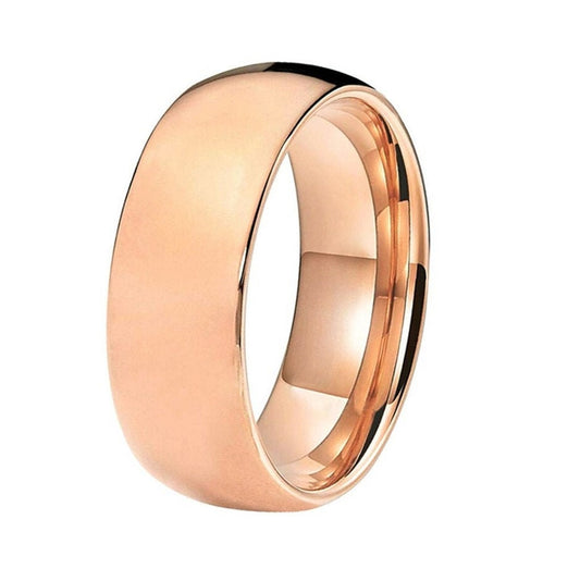 Rose gold wedding band with a domed design made from rose gold Tungsten.