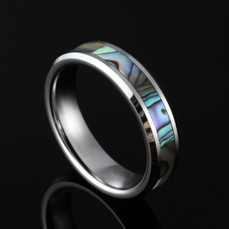 Sea shell jewelry crafted as a 6mm silver Tungsten ring inlaid with abalone shell.