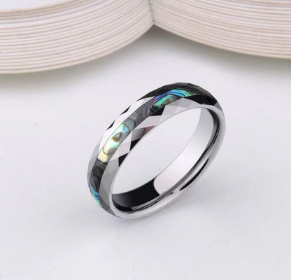 Seashell band silver Tungsten women's ring showcasing natural abalone shell and comfort fit design.