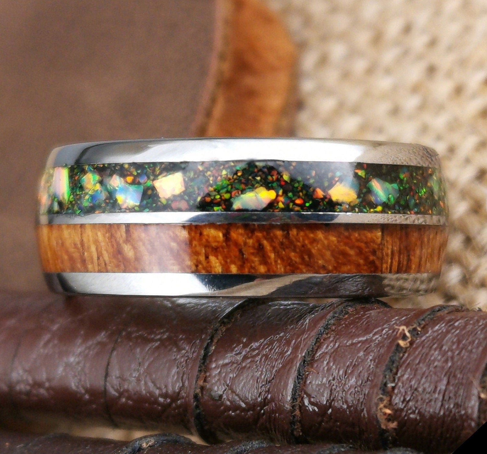 Silver Tungsten domed men's ring with larger opal chunks and real oak wood inlay.