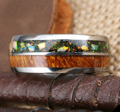 Silver Tungsten domed men's ring with larger opal chunks and real oak wood inlay.