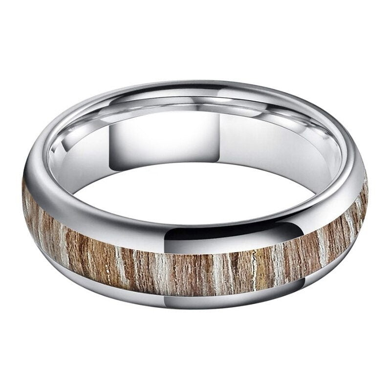 Silver Tungsten driftwood inlay ring for men, domed with a 6mm width.