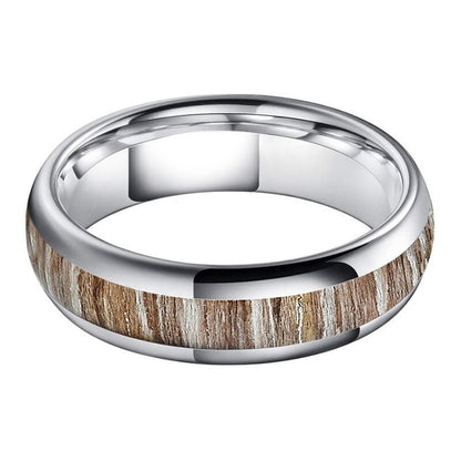 Silver Tungsten driftwood inlay ring for men, domed with a 6mm width.