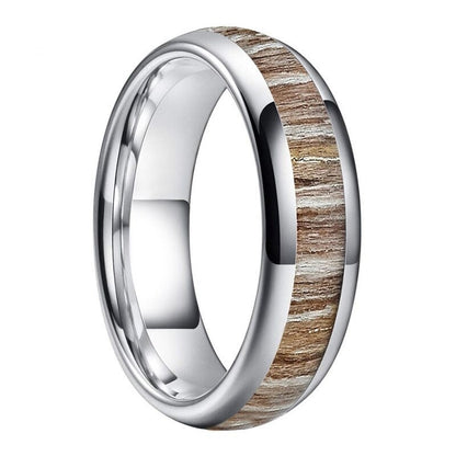 Silver Tungsten men's ring with a domed design and driftwood inlay, 6mm width.