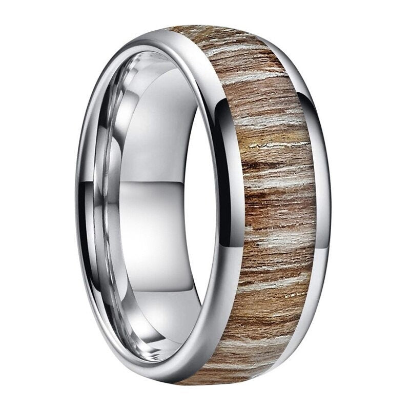 8mm men's silver Tungsten ring with real driftwood inlay and domed band.