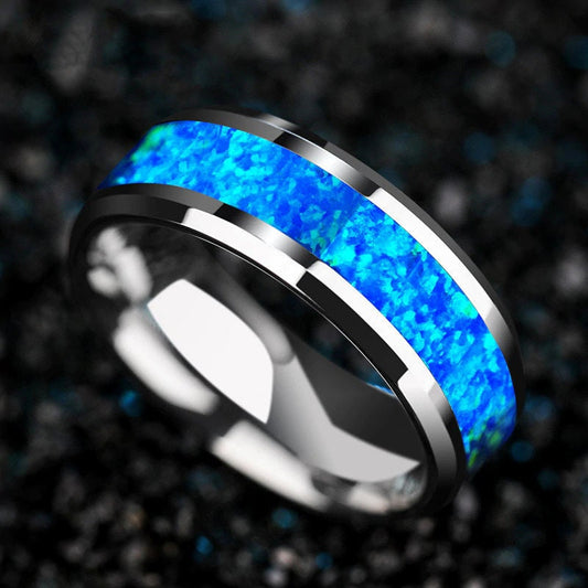 Silver Tungsten men's ring featuring a natural blue opal inlay with beveled edges, 8mm wide, shown on a dark textured background.