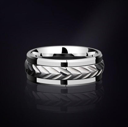 Silver Tungsten men's ring with leaf pattern spinner and polished edges.