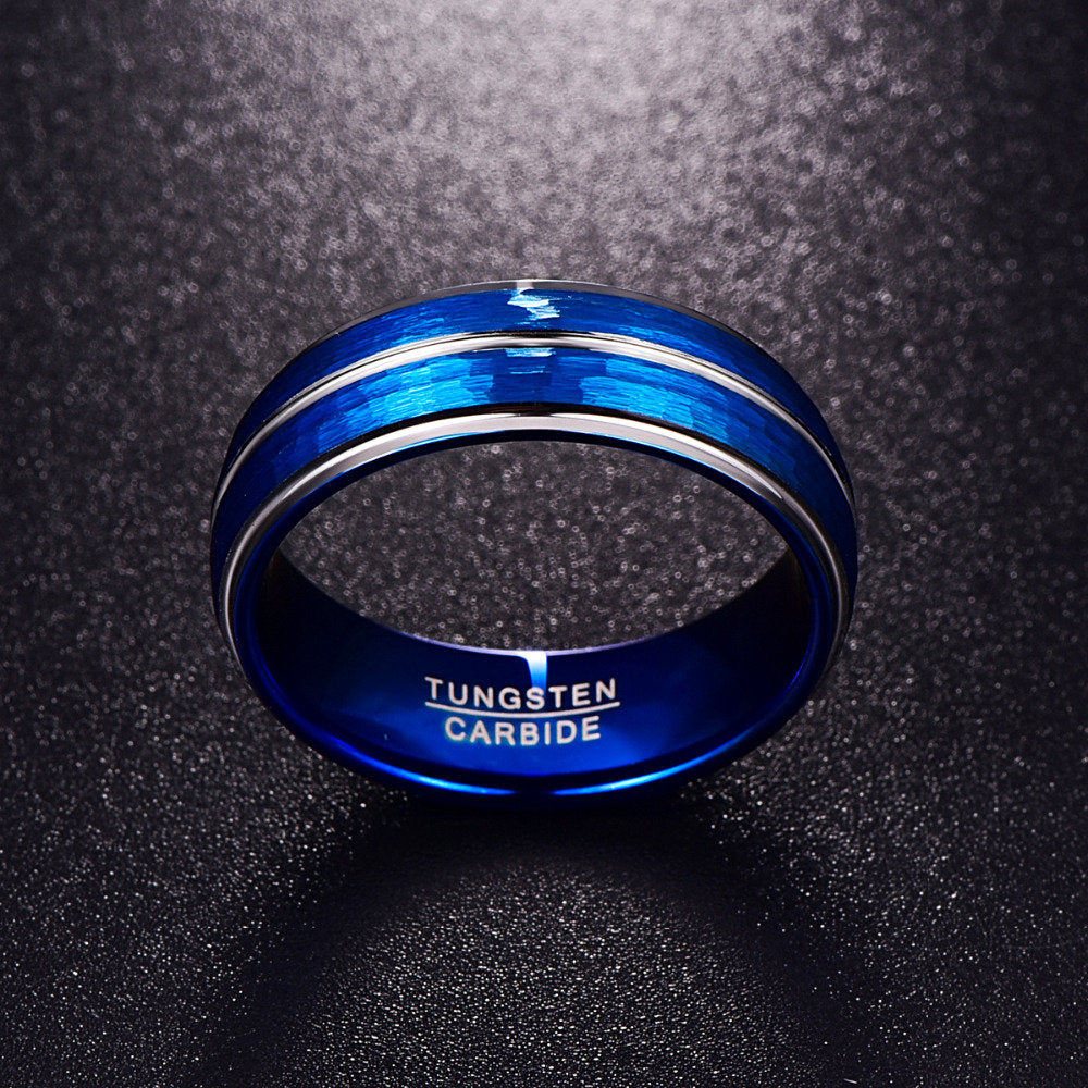 Silver and blue mens wedding ring with 8mm width and comfort fit design.