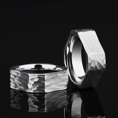 Silver square Tungsten ring with a hammered surface and comfort fit design.