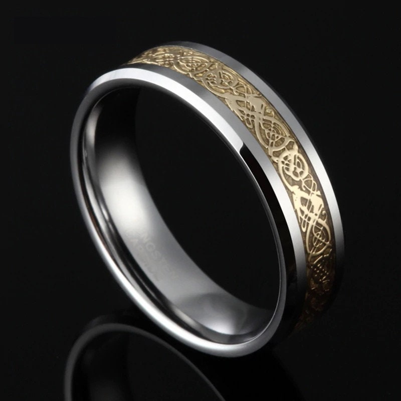 Silver Tungsten ring with Celtic dragon inlay and comfort fit.