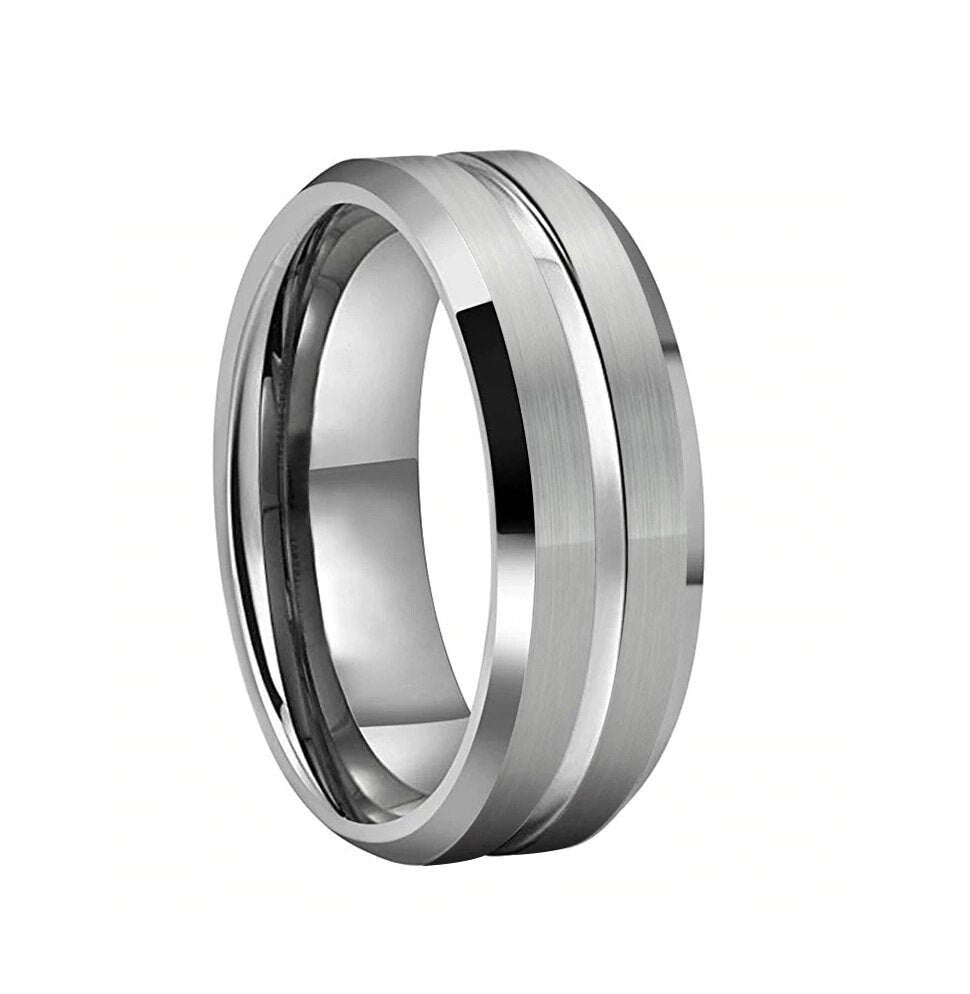 Silver Tungsten ring with a brushed exterior and polished stripe, designed for lasting durability.