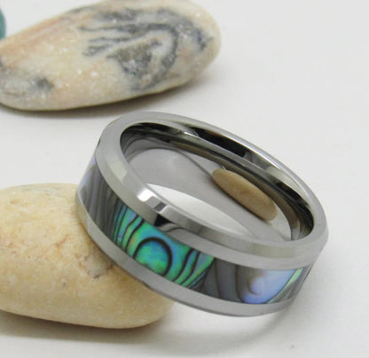 Silver waterproof abalone band featuring a natural abalone shell inlay and beveled edges.