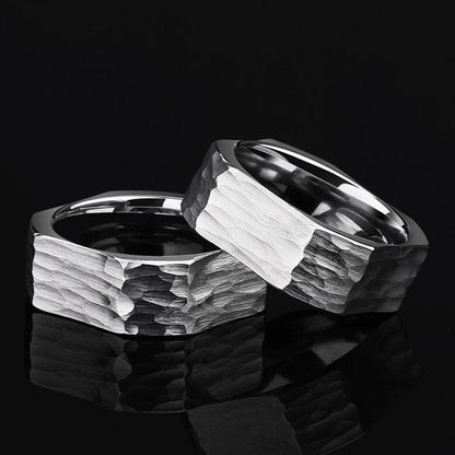 Square ring crafted from Tungsten with a hammered exterior.