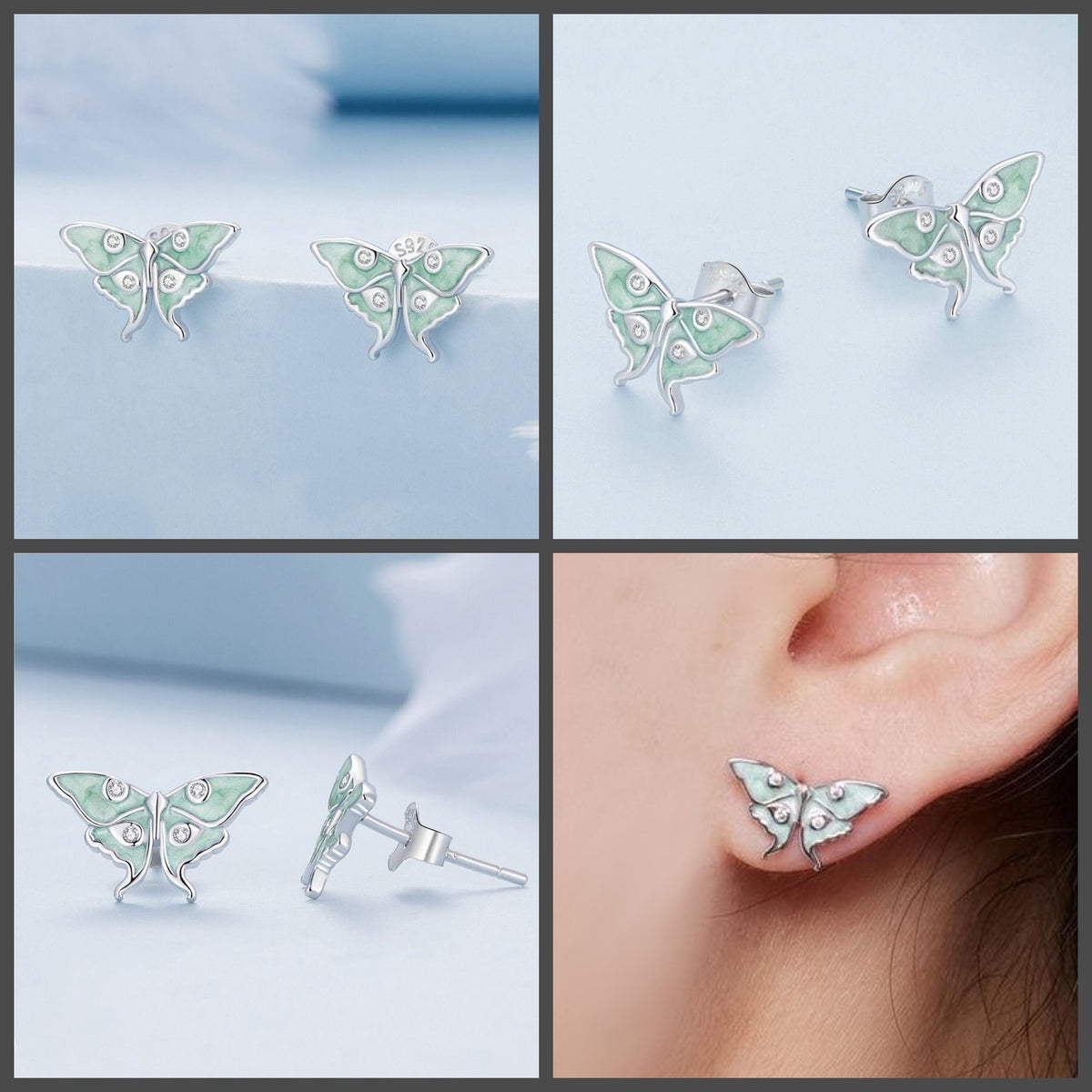 Sterling silver luna moth studs with clear cubic zirconias sparkling across the delicate wings.