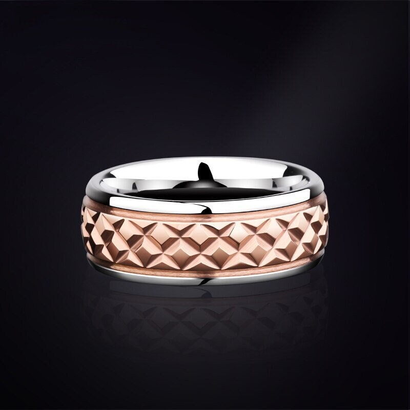 Textured mens wedding bands with silver and rose gold Tungsten, featuring a unique diamond pattern.