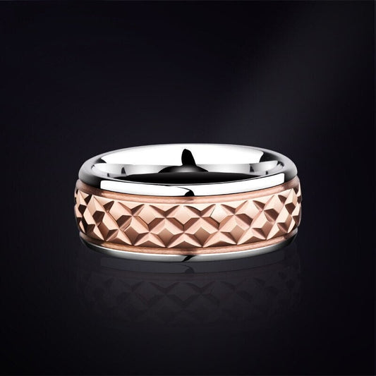 Textured mens wedding bands with silver and rose gold Tungsten, featuring a unique diamond pattern.