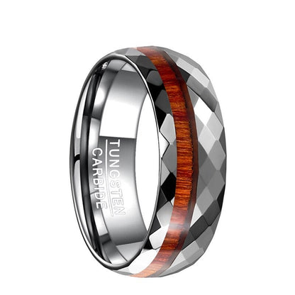 Tungsten and wood wedding bands with a faceted design and Mahogany wood inlay.