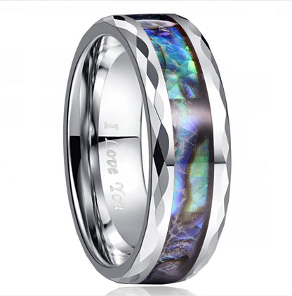 Tungsten mens ring featuring a polished 8mm band and natural abalone shell inlay.