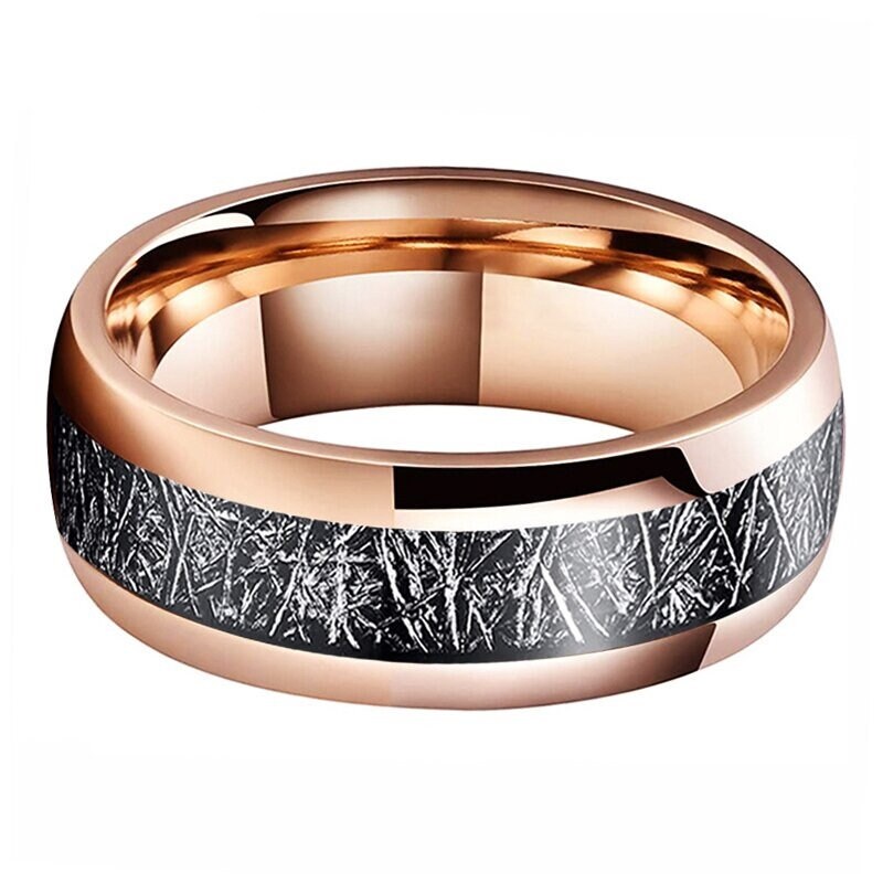 Tungsten meteorite ring in polished rose gold, featuring intricate meteorite inlay.