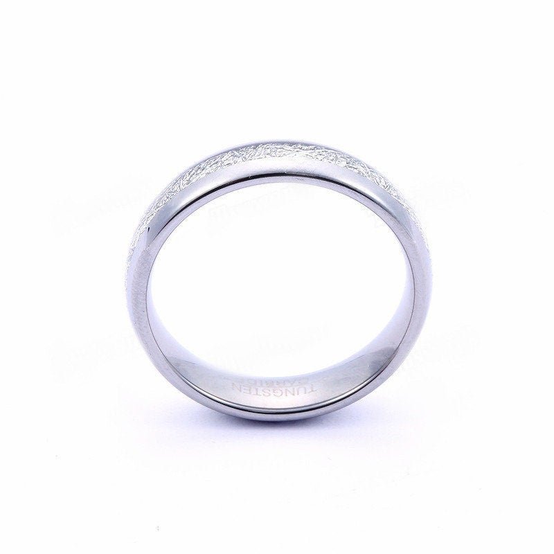 Tungsten meteorite wedding band with Gibeon meteorite inlay, domed design.