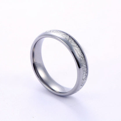 Tungsten meteorite wedding bands with polished silver finish.