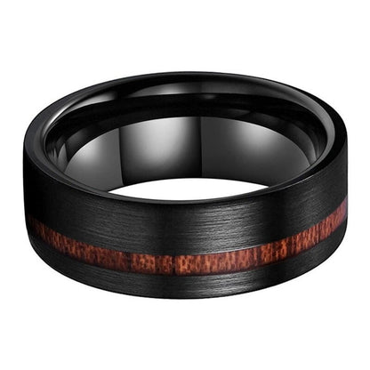 Tungsten ring with wood inlay crafted from black Tungsten with Sapele wood.