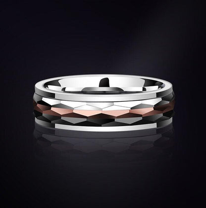 Men's 6mm Tungsten spinner ring featuring three center spinners in silver, bronze, and black tungsten on a polished silver tungsten band.