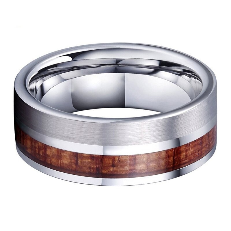 Tungsten wood ring featuring brushed silver Tungsten and Elm wood inlay.