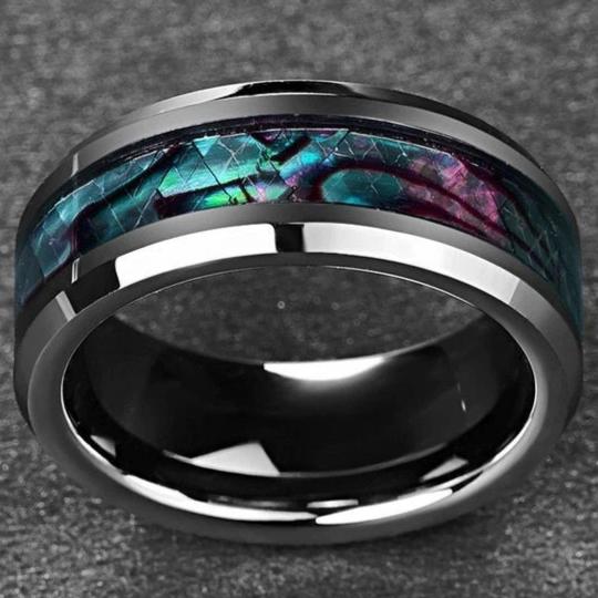 Unique mens engagement bands crafted from Tungsten with abalone shell inlay.