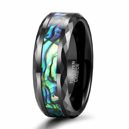 Unique wedding rings for men featuring a black Tungsten band and oceanic abalone inlay.