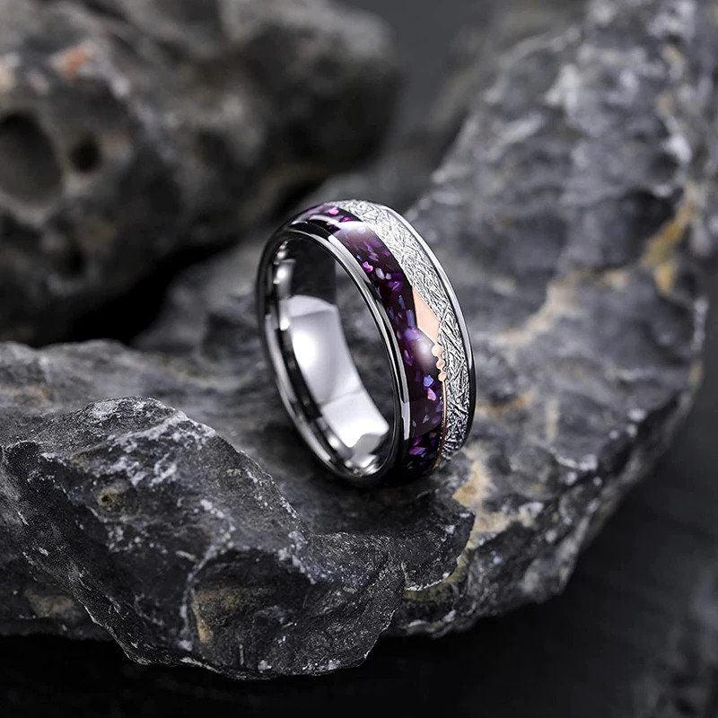 Violet abalone complemented by Gibeon meteorite in a men's Tungsten ring.