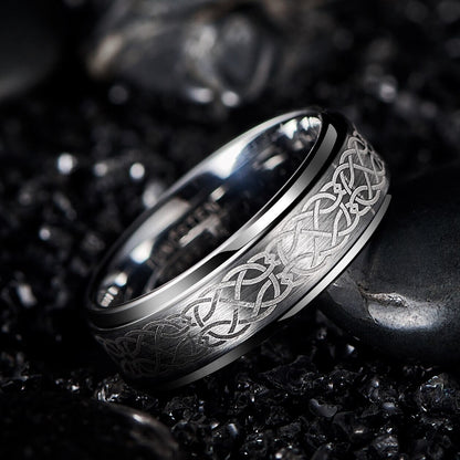 Wedding ring Celtic knot design etched into an 8mm silver Tungsten band.