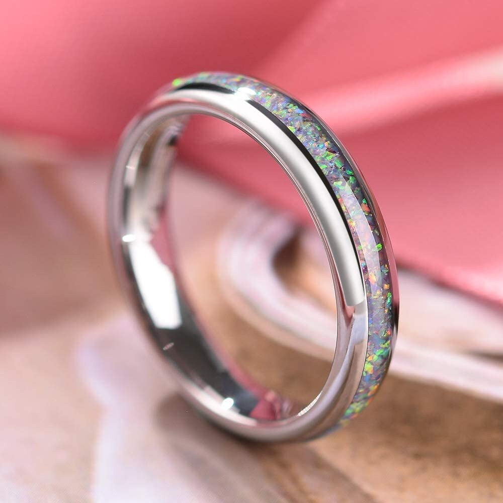 4mm silver Tungsten women's ring with white opal inlay.