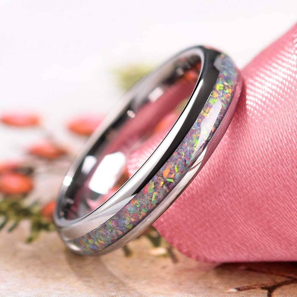 Silver Tungsten women's ring featuring domed band and white fire opal inlay.