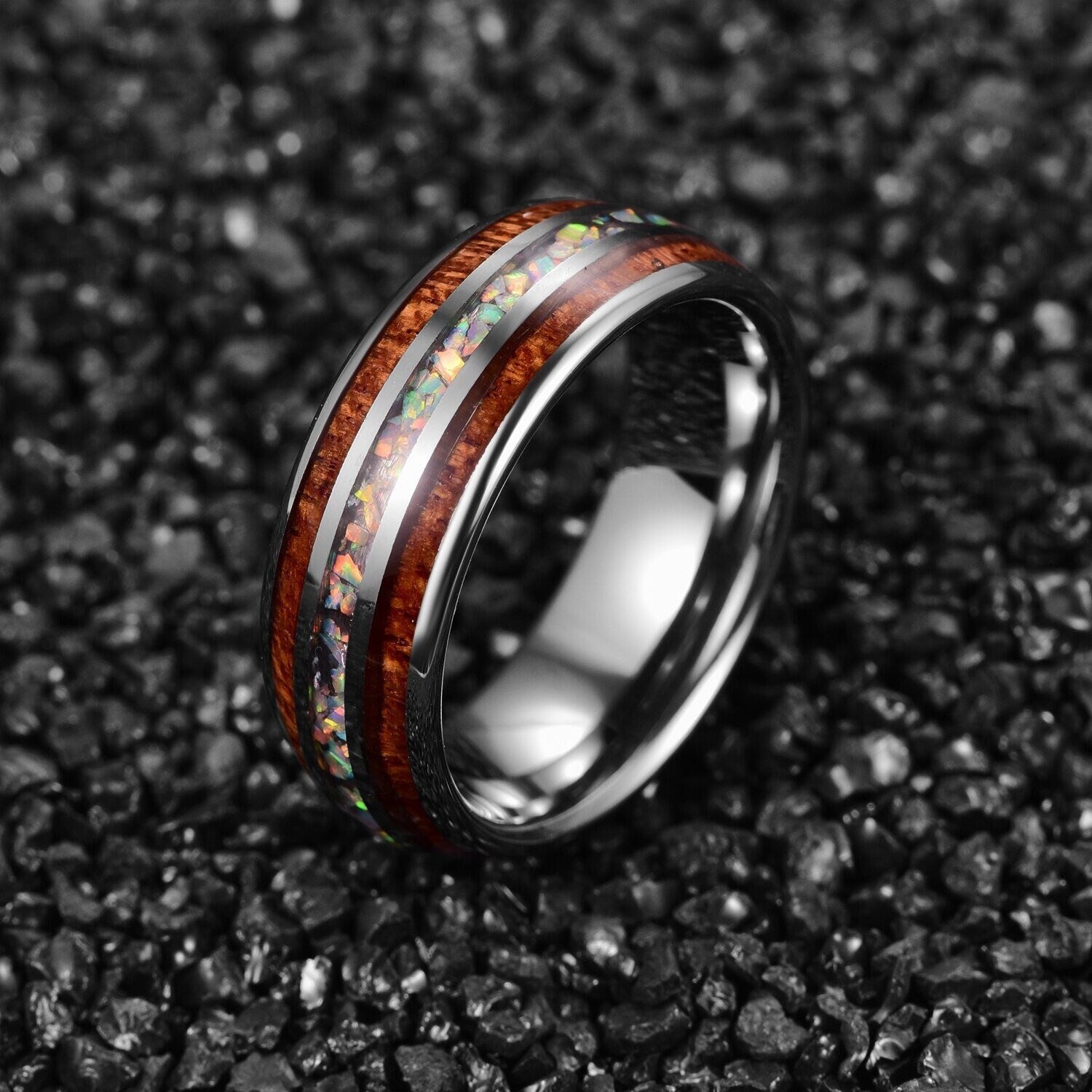 White opal rings with polished silver Tungsten and koa wood inlay.