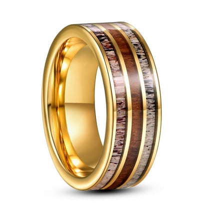 Gold Tungsten whitetail antler ring with koa wood inlay, 8mm flat band, comfort fit.