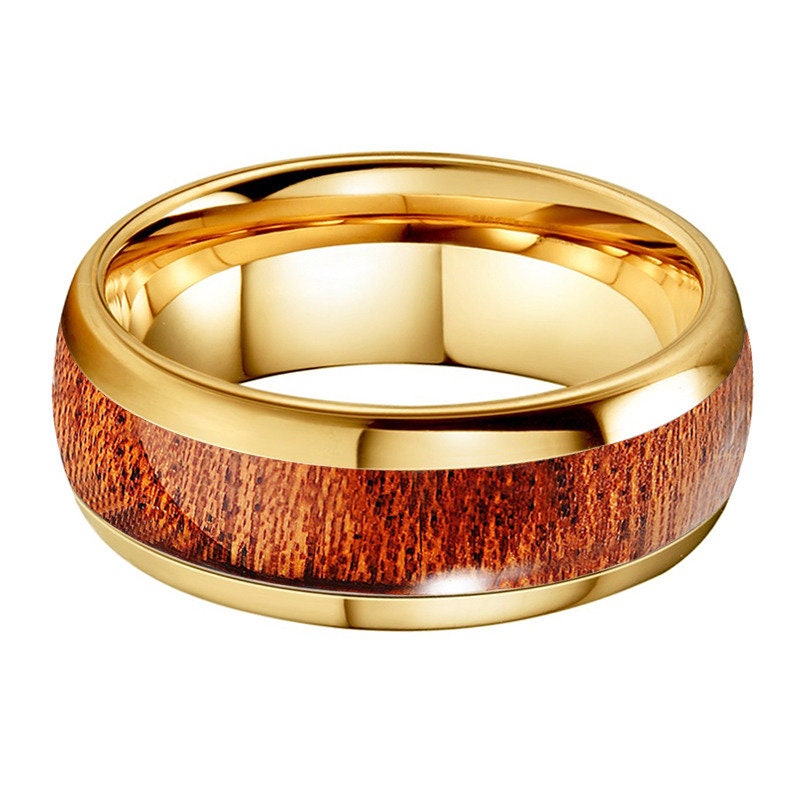 Wide gold Tungsten men's ring featuring a genuine Rosewood wood inlay and a domed band. 8mm width.