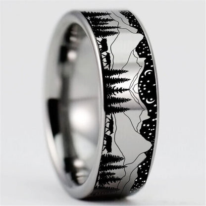 Wolf mountain ring, showcasing a black and silver Tungsten band with a starry sky and wolf pack.