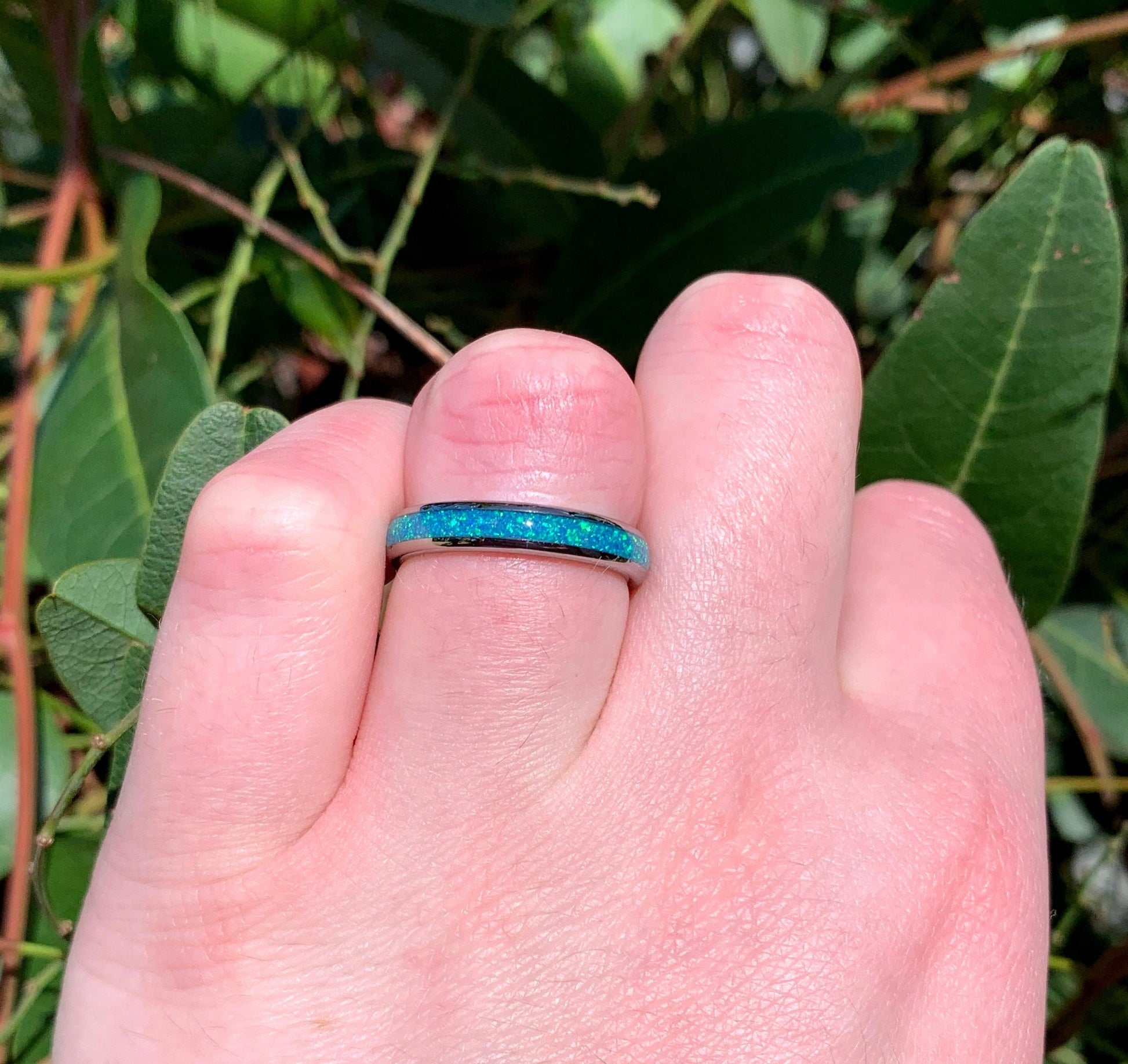 Womens opal ring with blue fire opal inlay, silver Tungsten, rounded edges, comfort fit.