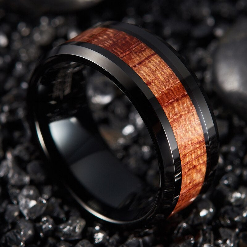 Wood resin rings combining black Tungsten, Mahogany wood, and resin for lasting durability.