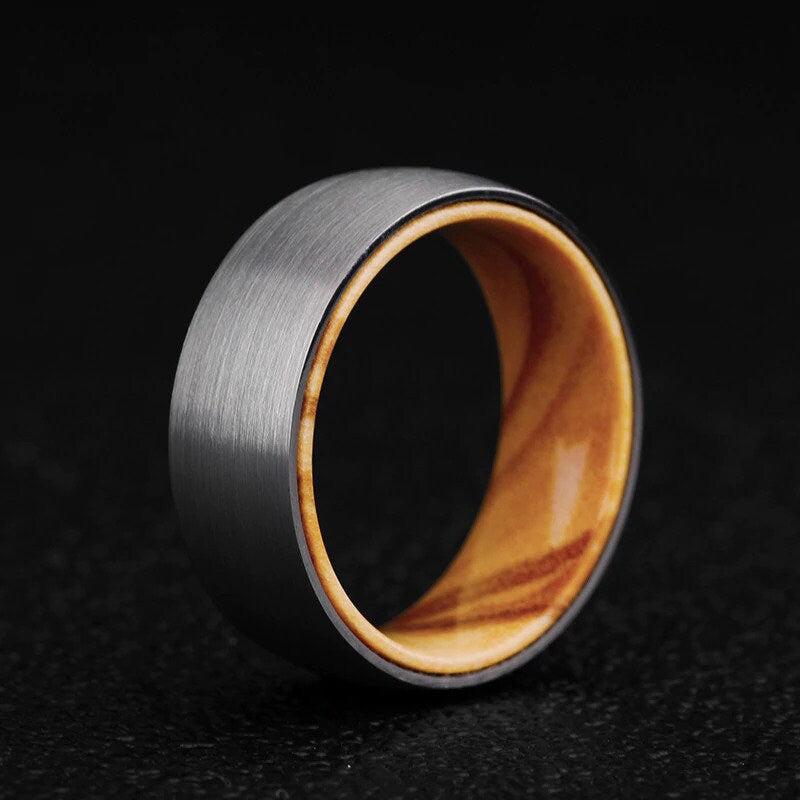 Wood rings for men with Olive wood inlay and Tungsten band.